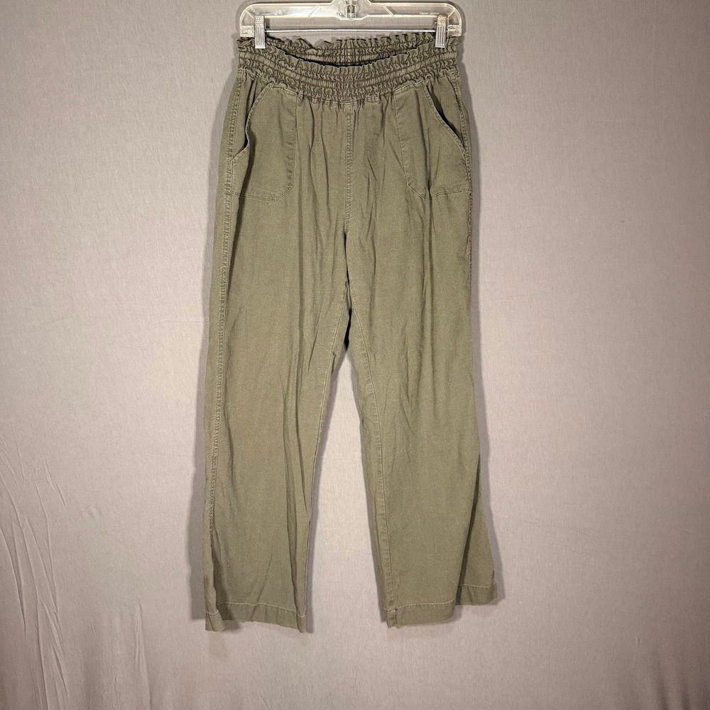 Olive Green Linen Blend Paperbag Waist Wide Leg Pants Womens Large LP13